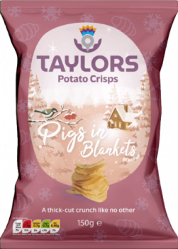 Pigs in Blankets Potato Crisps 150g Tüte - Kartoffelchips mit Festliche Kartoffelchips mit Schweine-in-Decken-Geschmack aus Schottland von Taylors Snacks