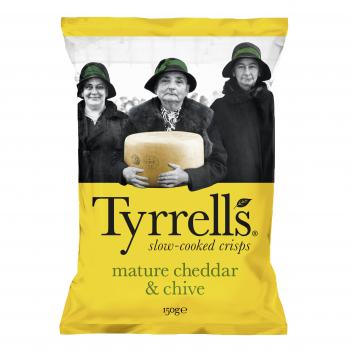 Tyrrells mature cheddar & chive - 150g Tüte Kartoffelchips mit reifem Cheddar und sanften Zwiebelnote (Schnittlauch)  aus England von Tyrrells