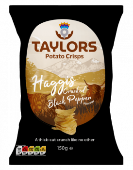 Haggis & Cracked Black Pepper Potato Crisps 150g Tüte - Kartoffelchips mit Haggis Geschmack und gestoßenen schwarzem Pfeffer aus Schottland von Taylors Snacks