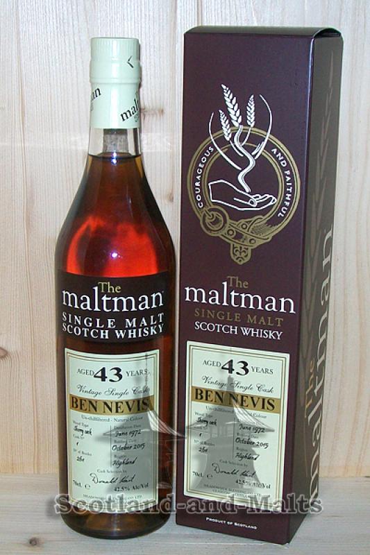 Ben Nevis 1972 - 43 Jahre fino Sherry Cask No: 1 mit 42,5% single Malt scotch Whisky von Maltman