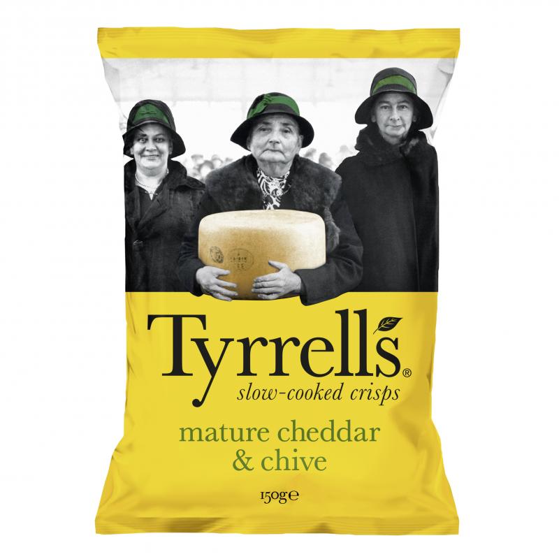 Tyrrells mature cheddar & chive - 150g Tüte Kartoffelchips mit reifem Cheddar und sanften Zwiebelnote (Schnittlauch)  aus England von Tyrrells