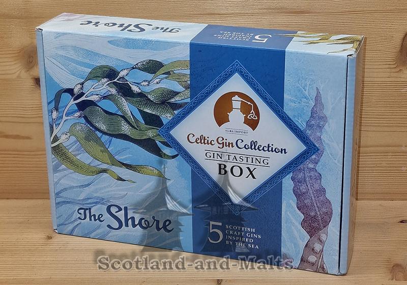 Gin Tasting Box „The Shore“ 5 scottich Craft Gin inspired by the Sea - 5x 40ml Barra Atlantic Gin, Darnleys Spiced Gin Navy Strength Edition, Hills & Harbour, Lussa Gin und Wild Island Botanic Gin „High Croft“