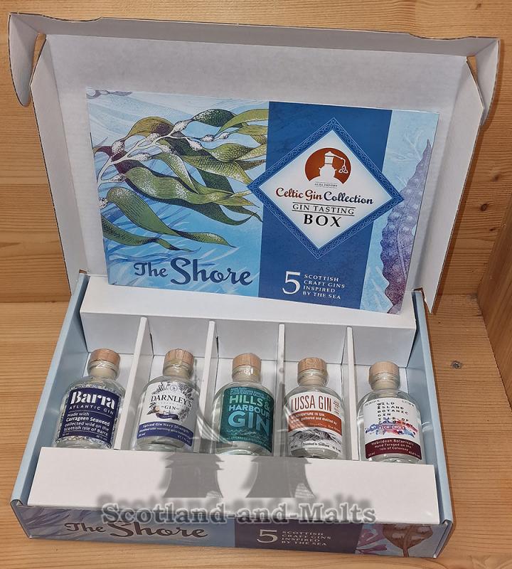 Gin Tasting Box „The Shore“ 5 scottich Craft Gin inspired by the Sea - 5x 40ml Barra Atlantic Gin, Darnleys Spiced Gin Navy Strength Edition, Hills & Harbour, Lussa Gin und Wild Island Botanic Gin „High Croft“