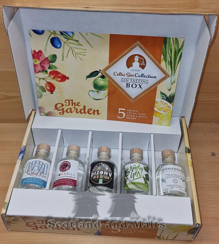 Gin Tasting Box „The Garden“ 5 Fruity Celtic Gins with a Spicy Heart - 5x 40ml AVVA, Crossbill, Dizonv, Nádar und Ornabrak