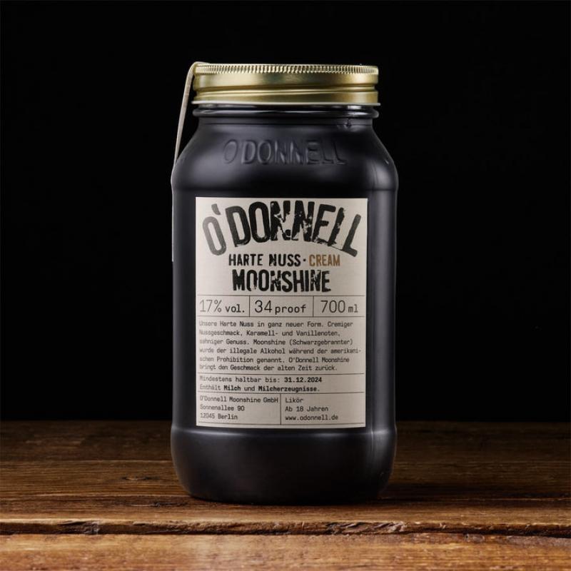 O´Donnell Moonshine Harte Nuss Cream mit 17,0% - Haselnuss Cream Likör im 700 ml Mason Glas - Odonnell Moonshine aus Berlin